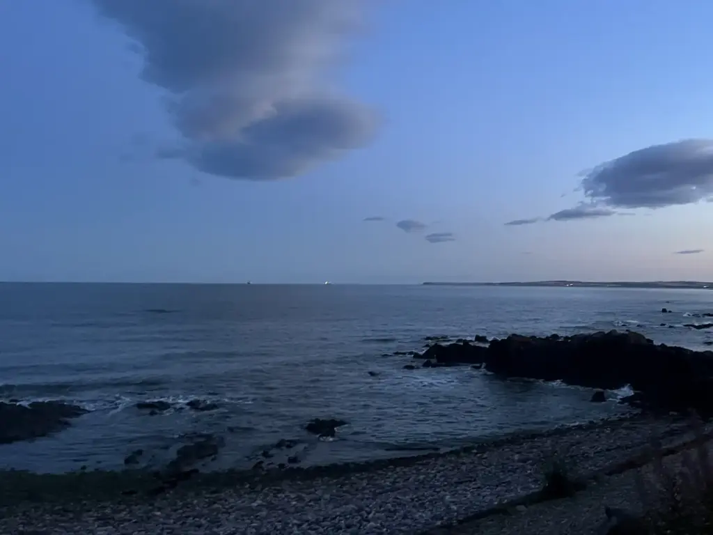 The sea and shore at dusk